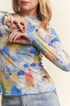 Davi & Dani Cobalt Multi Printed Mesh Round Neck Long Sleeve Top