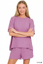 Zenana Light Plum Soft Melange Short Sleeve Tee and Shorts Set