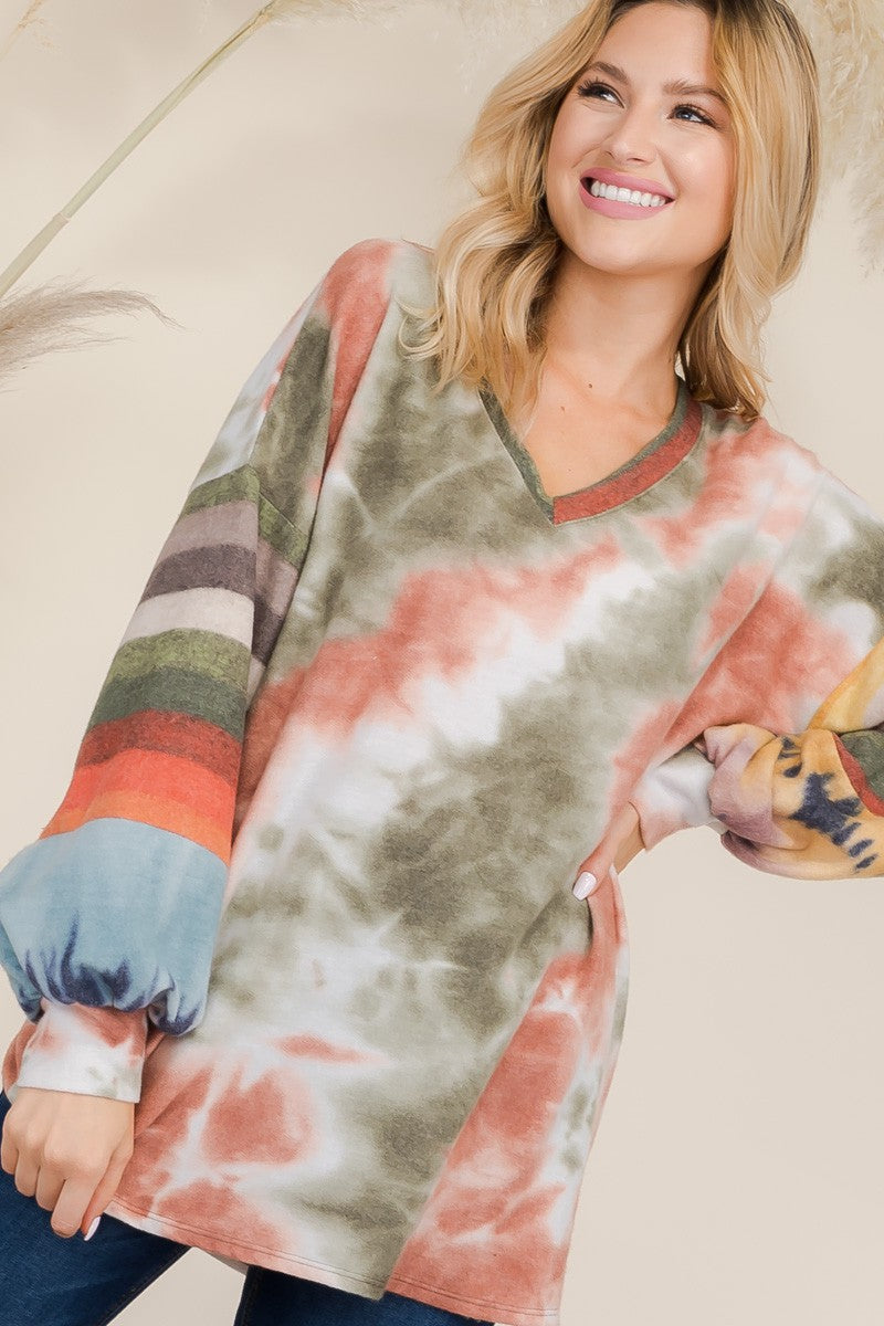 Celeste Tie-Dye Contrast Striped V-Neck Long Sleeve Blouse Olive Tie Dye