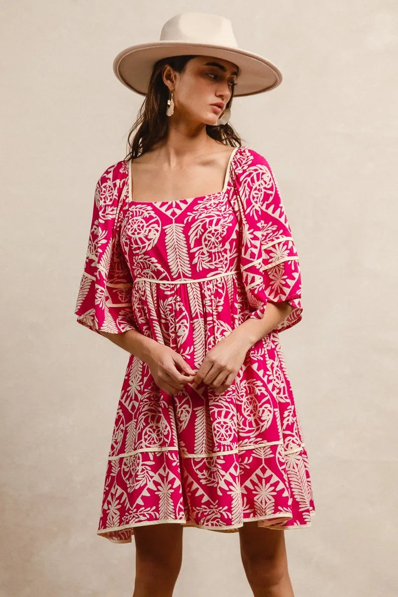 BiBi Fuchsia Aztec Woven Printed Contrast Binding Dress