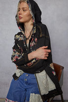 POL Vintage Washed Black Floral and Lace Patch Hooded Jacket