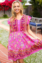 Haptics Find Romance Fuchsia Boho Floral Button V Neck Ruffle Dress Dresses