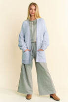 Davi & Dani Light Blue Ribbed Hem Button Up Long Sleeve Cardigan Light Blue Shirts & Tops