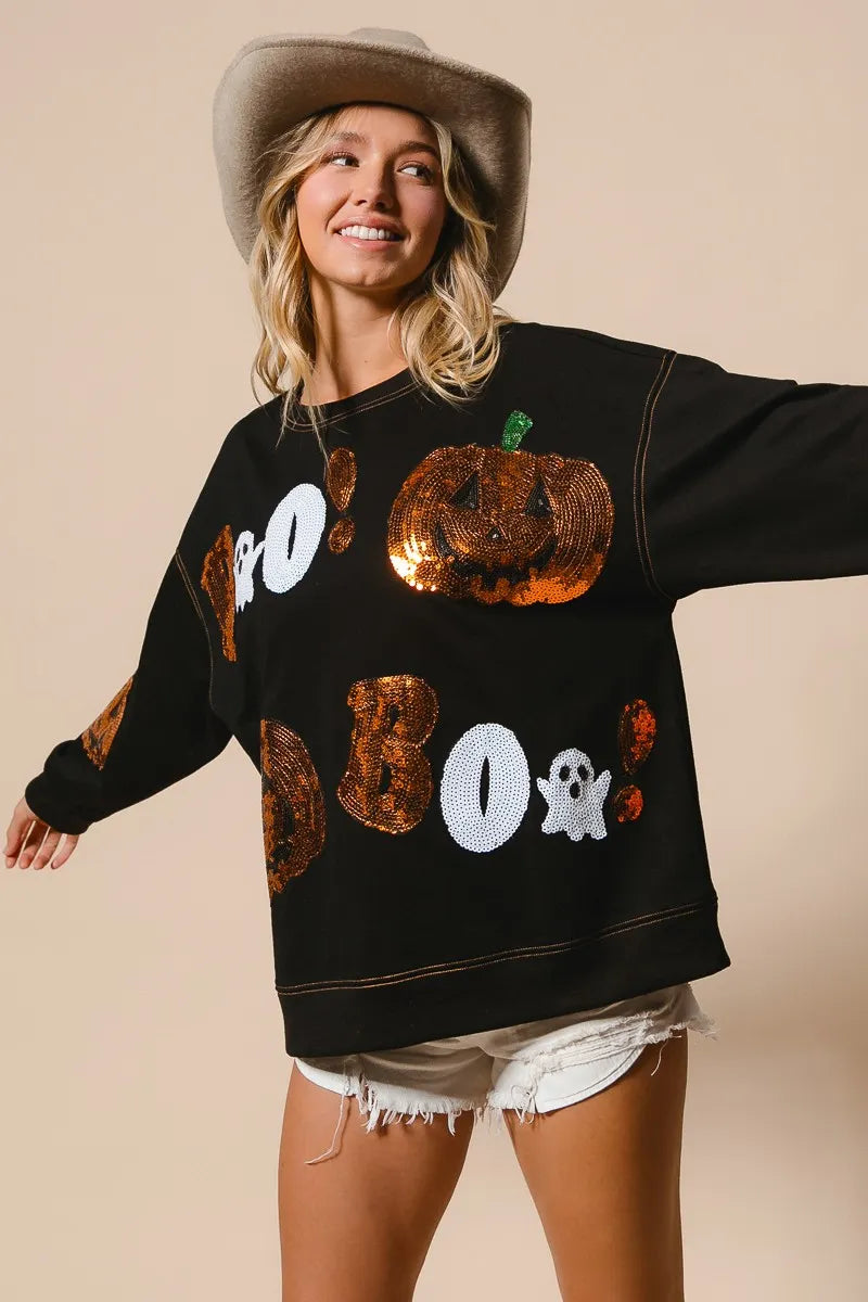 BiBi Black Halloween Theme Sequin Embroideries Sweatshirt