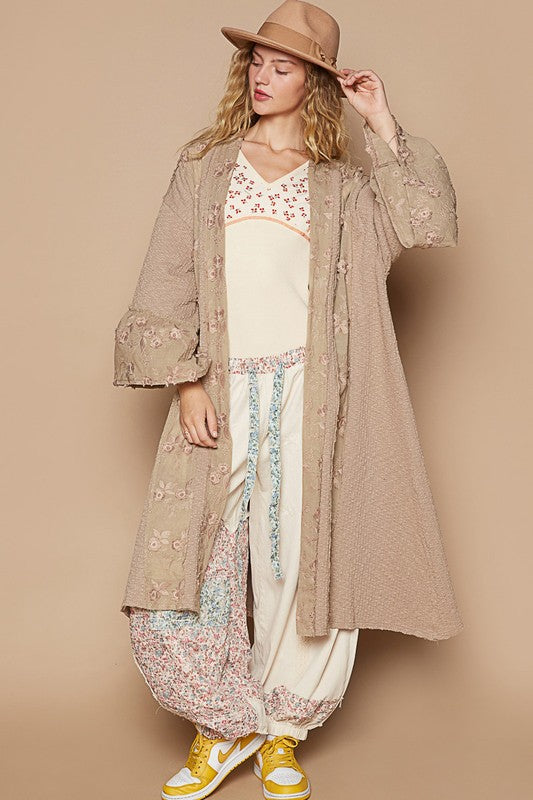 POL Flower Lace Trim Open Front Longline Cardigan in Khaki Khaki Shirts & Tops