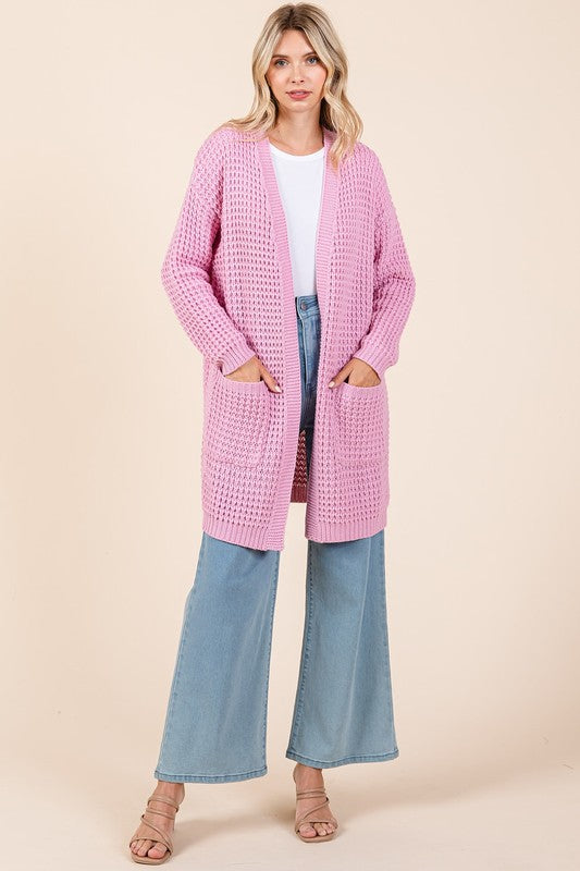 Mittoshop Pink Waffle Knit Open Front Long Sleeve Longline Cardigan Shirts & Tops