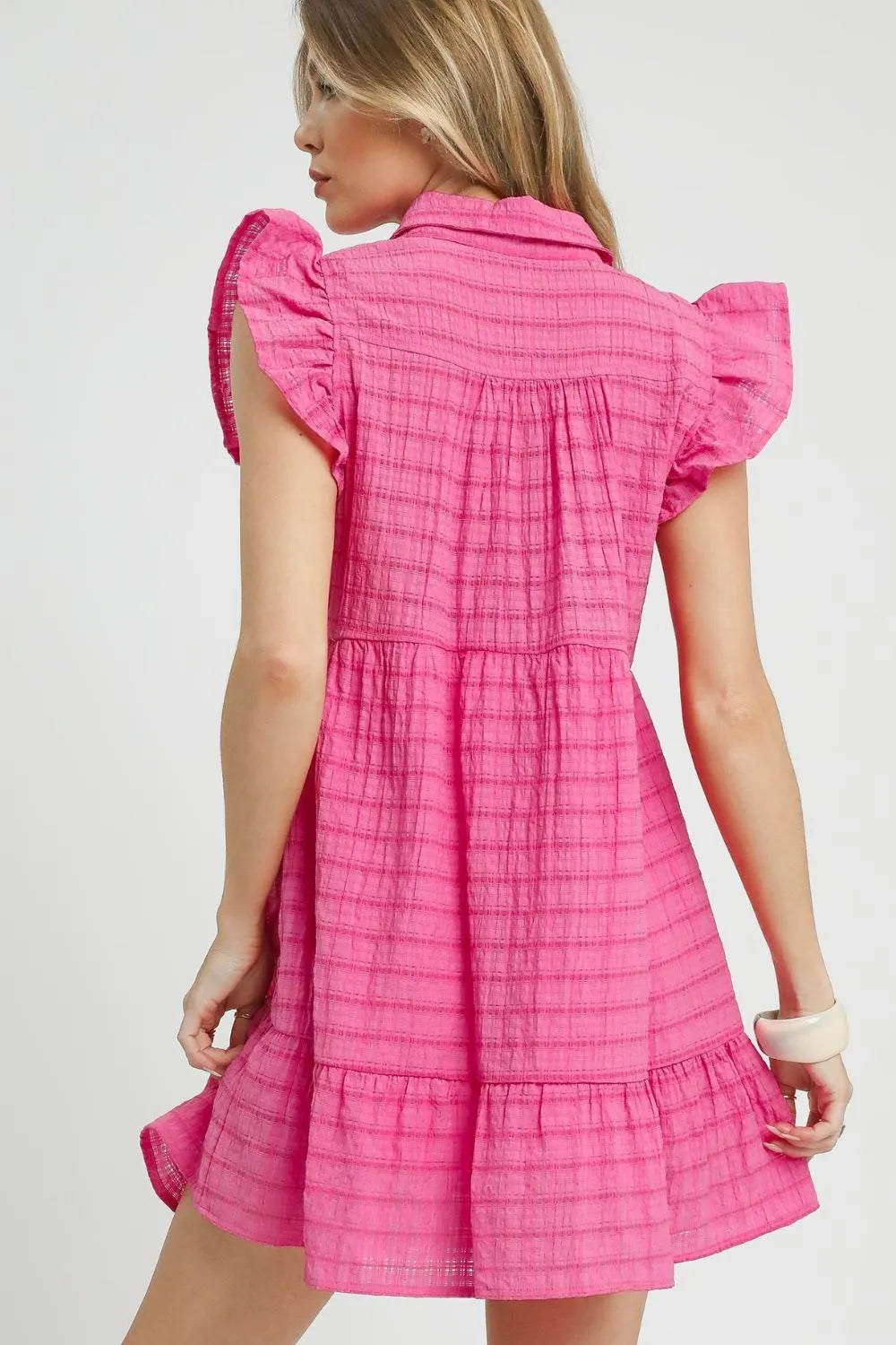 Umgee Pink Textured Flutter Sleeve Mini Dress