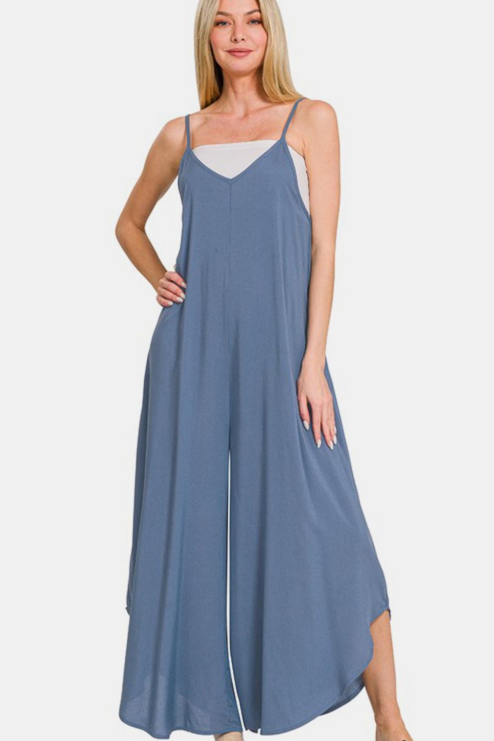 Zenana Dusty Blue Spaghetti Strap Wide Leg Overalls with Pockets Jumpsuits & Rompers