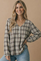 Haptics All in Check Pintuck Button Front Blouse in Oatmeal