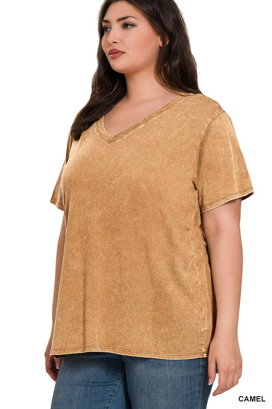 Zenana Camel Washed Short Sleeve V-Neck T-Shirt