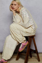 POL Cream Mix Thermal Floral Pattern Quilted Knit Cropped Top with Raw Edge Detail