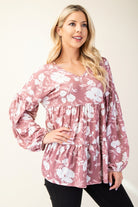 Celeste Mauve Tiered Floral V-Neck Long Sleeve Blouse