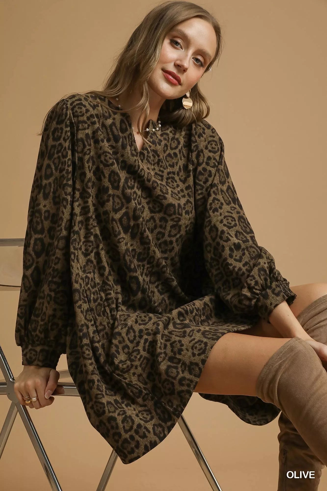 Umgee Olive Leopard Print Long Sleeve Swing Dress