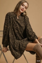 Umgee Olive Leopard Print Long Sleeve Swing Dress