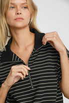 Umgee Black Striped Half Zip Short Sleeve Sweatshirt Shirts & Tops