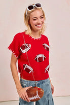 BiBi Red Game Day Sequin Football Embroidered Stitch Sweater