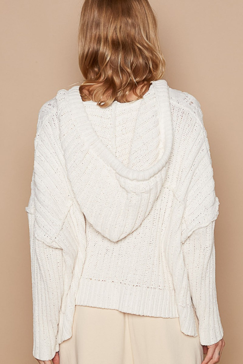 POL Cream Hooded Rib Weave Sleeves Cable Knit Sweater Trendsi