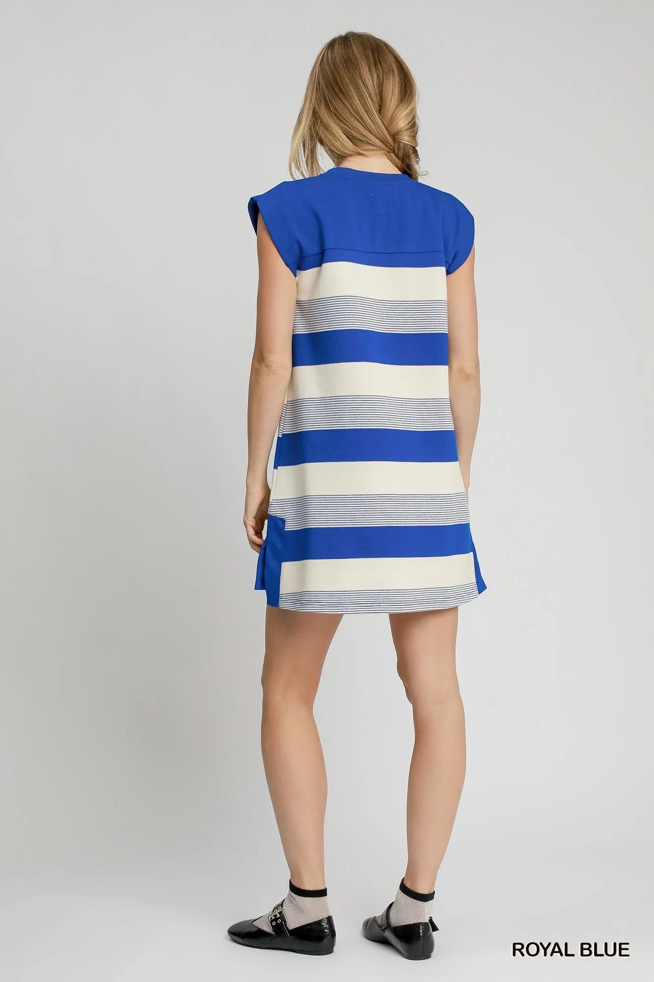 Umgee Royal Blue French Terry Bold Stripe Side Slit Striped Shift Dress