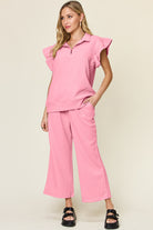 Double Take Quilted Textured Ruffle Short Sleeve Top and Drawstring Wide Leg Pants Set Pink Trendsi