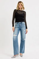 RISEN Medium Washed Distressed Mid Rise Wide Baggy Leg