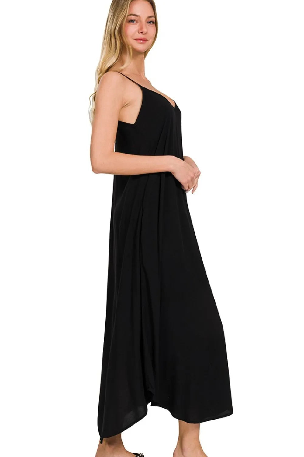 Zenana Woven Arc Hem Cami Dress With Flowy Pockets BLACK
