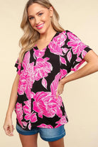 Haptics Black Floral Drop Shoulder T-Shirt Black Hot Pink