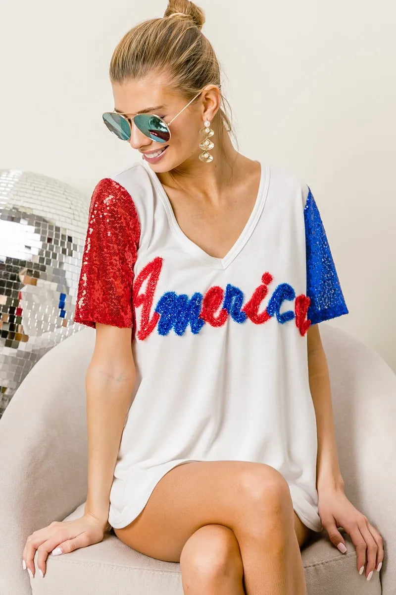 BiBi Metallic Letter America V-neck Sequin Sleeves Top