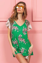 BiBi Green Tiger Printed Jersey Block T-Shirt with Leooard & Aztec Trim