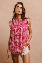 BiBi Pink Printed Ruffle Sleeve Top