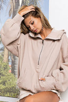 BiBi Taupe Stitch Detailed Elastic Hem Half Zip Fleece Hoodie