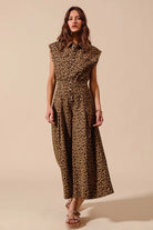 SO ME Wide Leg Leopard Twill Overalls Jumpsuit with Tuck Pleats