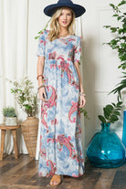 Celeste Light Blue Paisley Print Short Sleeve Maxi Dress with Pockets