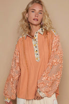 POL Vintage Washed Floral Half Button Lace Detail Balloon Sleeve Top Sherbet