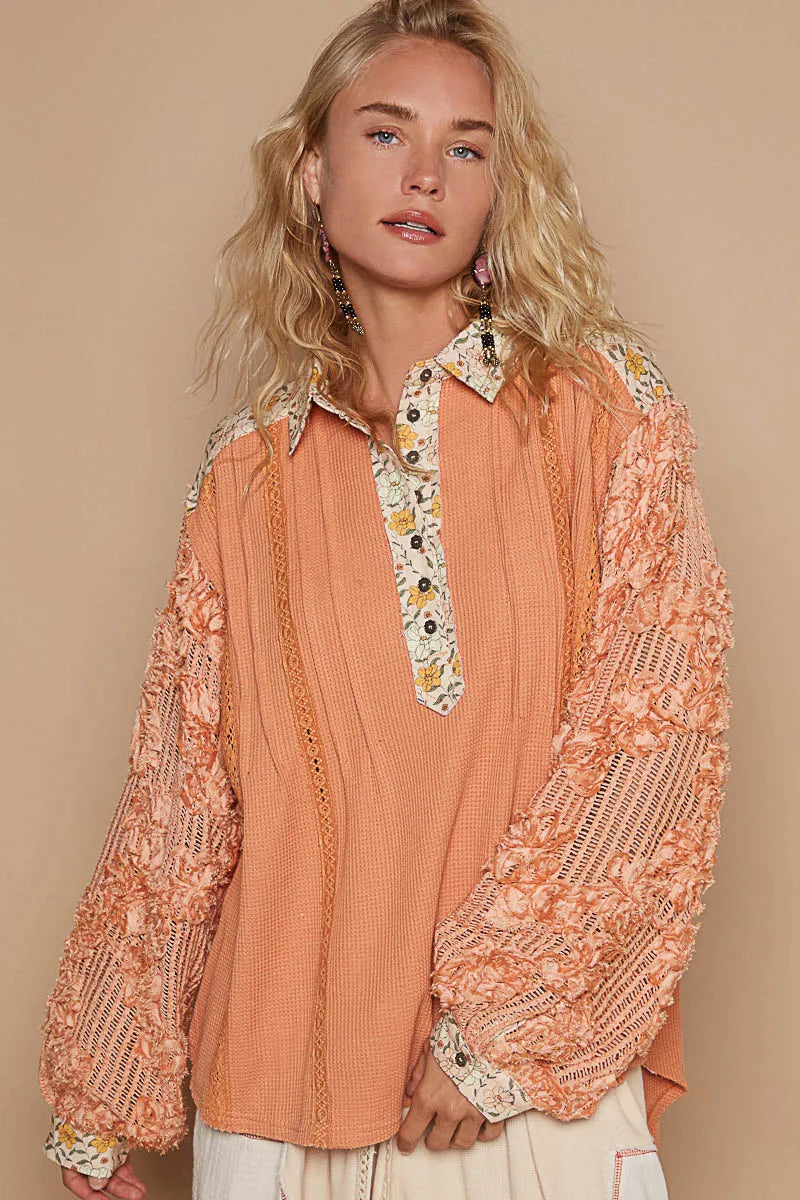POL Vintage Washed Floral Half Button Lace Detail Balloon Sleeve Top Sherbet