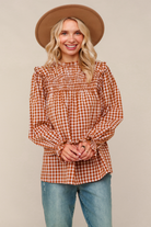 Haptics Rust Gingham Shirred Yoke Frilled Mock Neck Long Sleeve Blouse