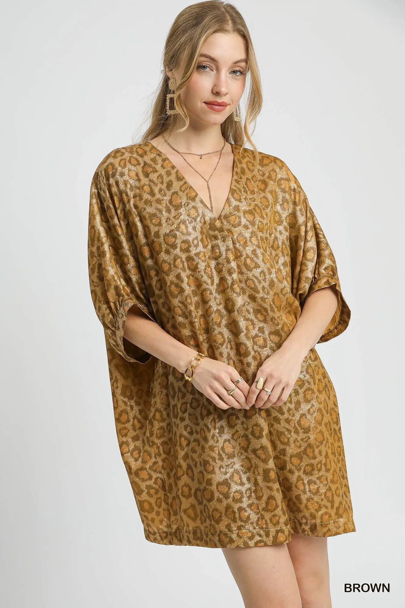 Umgee Brown Metallic Leopard Print V-Neck Kimono Dress Brown