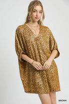 Umgee Brown Metallic Leopard Print V-Neck Kimono Dress Brown