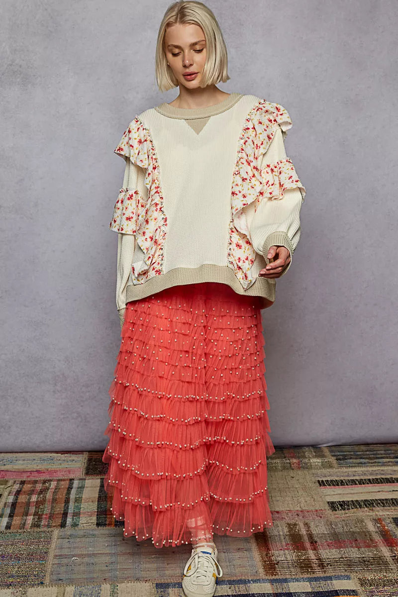 POL Powder Cream Round Neck Sweater with Floral Ruffle Detail