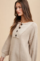 Annie Wear Oatmeal Half Button Ribbed Hem Sweater