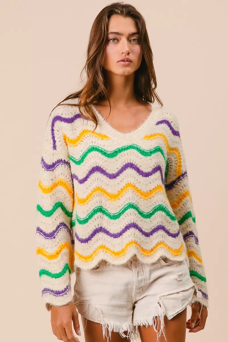 BiBi Mardi Gras Wavy Stripes V-Neck Sweater