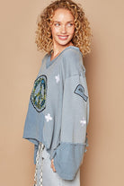 POL Light Blue Peace Embroidered Exposed Seam Back Ruffle V-Neck Top Shirts & Tops