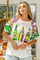 BiBi Sequin Mardi Gras Bottles Spangled Sleeve Top