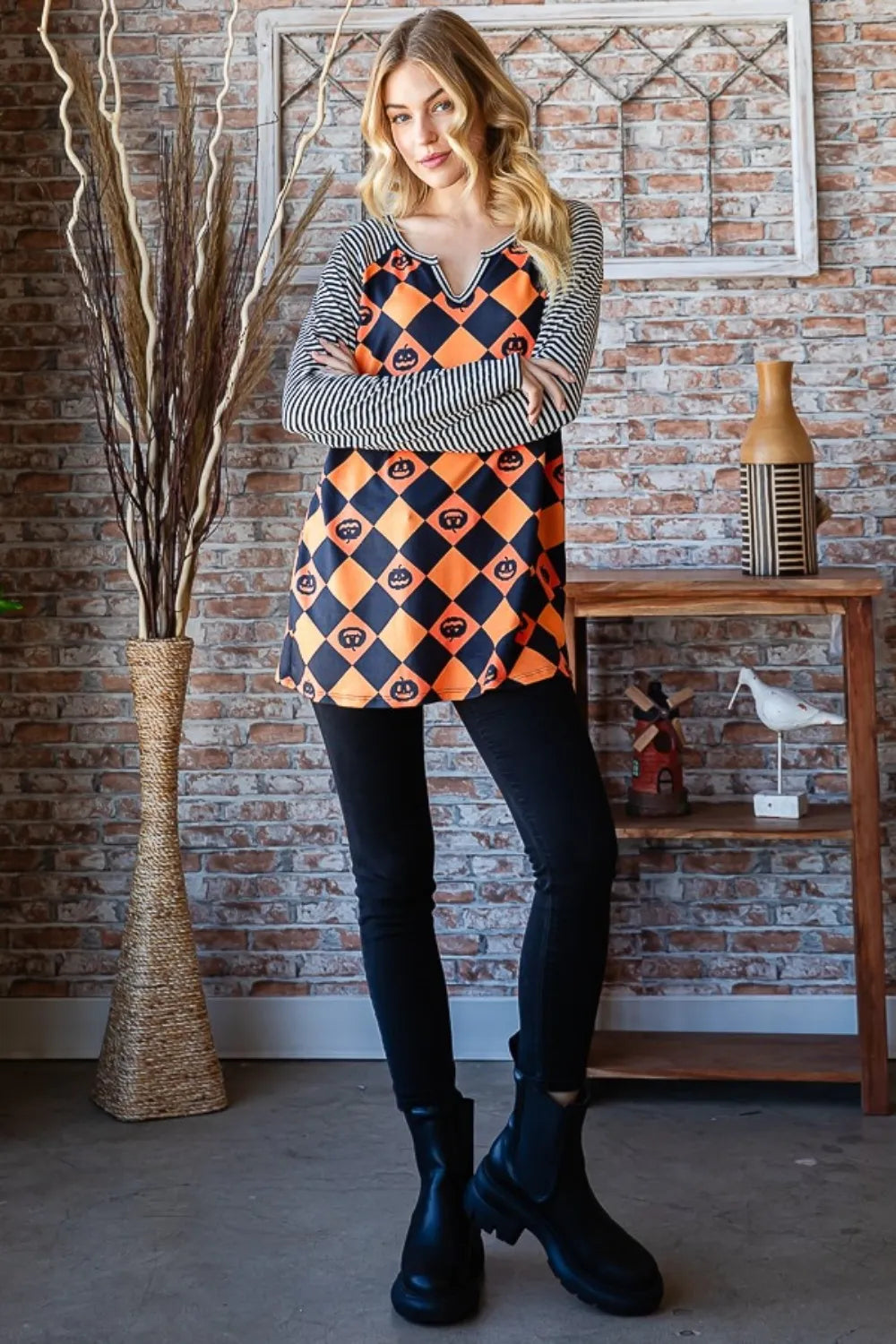 Heimish Pumpkin Checkered Contrast Striped Long Sleeve T-Shirt