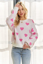 ADORA Off White & Pink Heart Round Neck Drop Shoulder Sweater OFF WHITE PINK