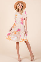 BOMBOM Apricot Floral Round Neck Short Sleeve Tiered Dress Apricot