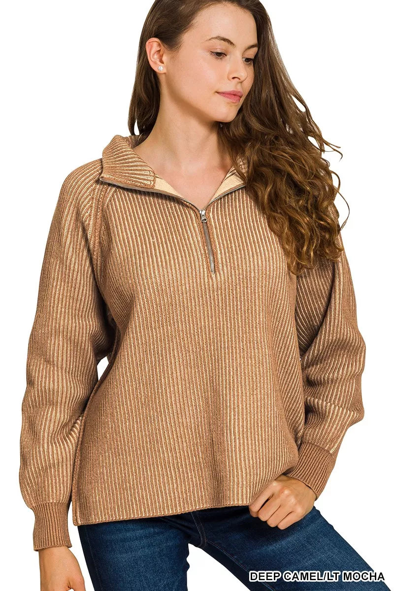 Zenana Ribbed Two-Tone Half Zip Sweater — Deep Camel/Light Mocha DEEP CAMEL LT MOCHA
