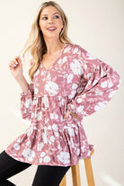 Celeste Mauve Tiered Floral V-Neck Long Sleeve Blouse Mauve