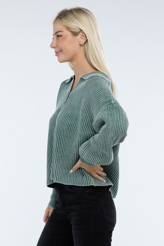 Zenana Washed Collared Henley Sweater in 6 Colors! ZENANA