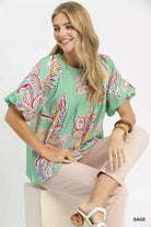 Umgee Sage Paisley Print Puff Sleeve Blouse