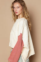 POL Cream Muli Waffle-Knit Contrast Notched Long Sleeve Knit Top Shirts & Tops